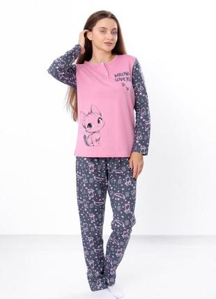 Женская пижама с начесом, женская пижама на байке, женская пижама с котиком, теплая пижама женская, хлопковая пижама с начесом, теплая пижама женская