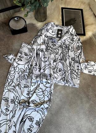 Піжама жіноча біла з принтом оверсайз сорочка на гудзиках шорти на високій посадці штани вільного крою якісна стильна