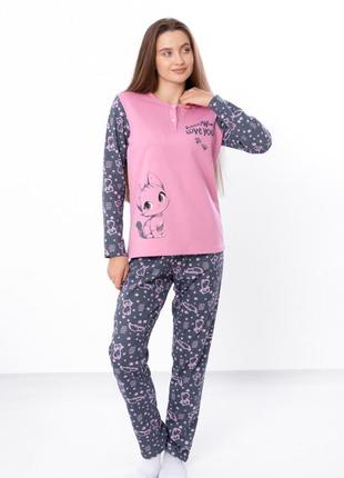 Хорошая теплая женская пижама с котиком, женская пижама с начесом, женская пижама на байке