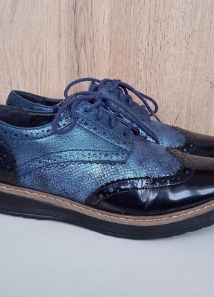 Удобные кожаные туфли, деми оксфорды, женские броги синие, весна осень, р. 37-38