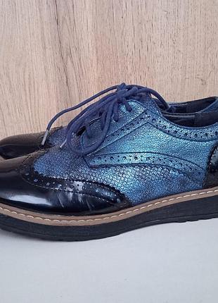 Удобные кожаные туфли, деми оксфорды, женские броги синие, весна осень, р. 37-38