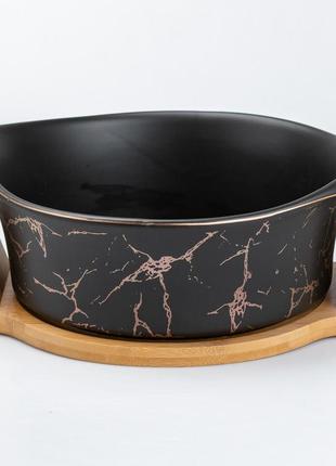 Салатниця з підставкою велика миска керамічна 29х22х9.5 см чорна1 фото