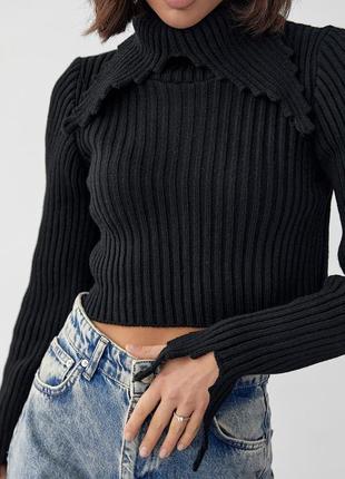 Укороченный свитер с рельефной горловиной и рукавами - черный цвет, l (есть размеры)4 фото