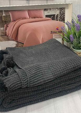 Плед вязаный с помпонами 220 на 240 см zeyd home графитовый