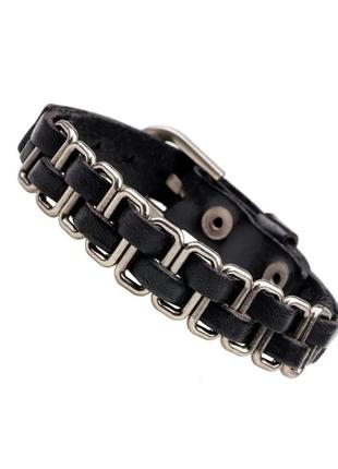 Кожаный браслет с металлическими вставками black