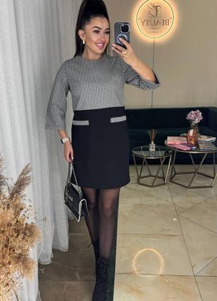 Короткое платье с принтом гусиная лапка с рукавами 3/4