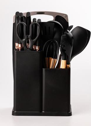 Набір кухонного приладдя на підставці 19 штук кухонні аксесуари з силікону з бамбуковою ручкою чорний