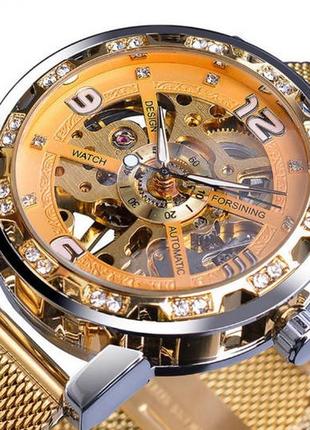 Жіночий наручний годинник механічний forsining скелетон з відкритим механізмом і камінчиками жовтий