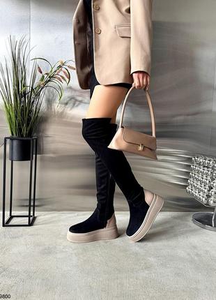 Ботфорты, черный/ беж, натуральная замша/ кожа, деми/ зима