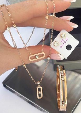 Набор медсталь, фианиты камешки, серьги гвоздики круглые, браслет и двойная подвеска цепочка колье