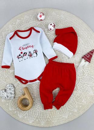 Комплект для новонароджених новорічний з трьох предметів merry christmas з пінгвінами