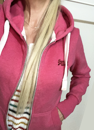 M товстовка superdry з начосом зимова тепла з капюшоном рожева жіноча на блискавці