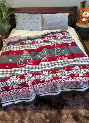 Плед новогодний, с гномами, рождественский, плюшевый, с кисточками,евро, полутораспальный
