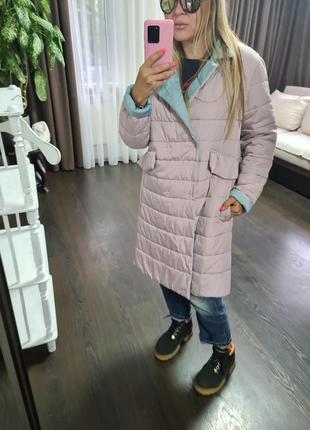 Стильное стеганное пальто бледно розовое с голубым!