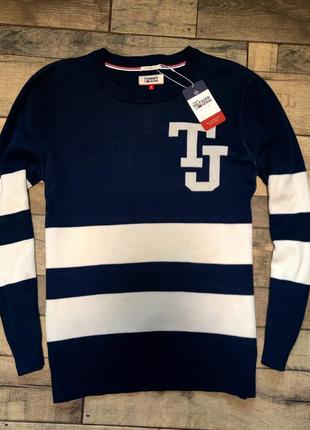Мужской стильный плотный хлопковый свитер джемпер tommy hilfiger оригинал в темно синем  цвете  в полоску размер s,m