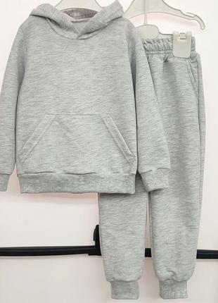 Костюм детский теплый на флисе, худи с капюшоном и с карманом кенгуру, штаны, серый
