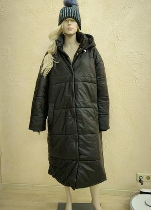 Пальто пуховик шкірзам довге тепле
