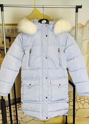 Зимова подовжена куртка на хутрі для дівчинки 140-146 розмір george блакитна