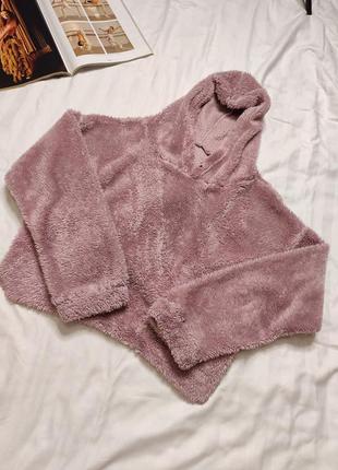 Пушистая кофта худи свитшот укороченный укороченная розовая пудровая