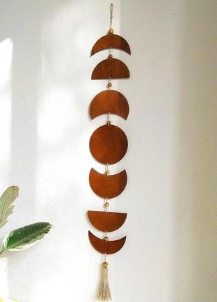 Деревянная подвеска на стену фазы луны цвет темный орех, вертикальная настенная гирлянда лунный цикл