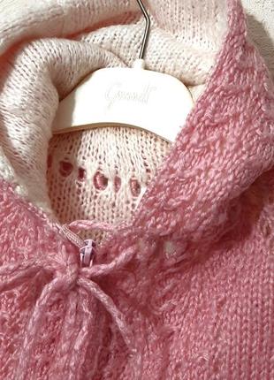 Двойная детская кофта с капюшоном на молнии розовая на белой вязаной подкладке на девочку 2-3г6 фото
