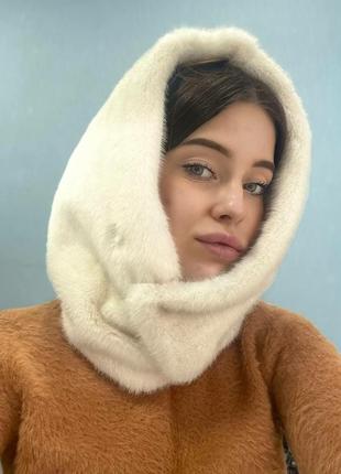 Теплый молочный капор из меха, на зиму капор, под шубку