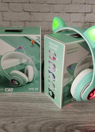 Навушники бездротові дитячі блютуз stn-28 new bluetooth з котячими led вушками, що світяться. колір м'ятний