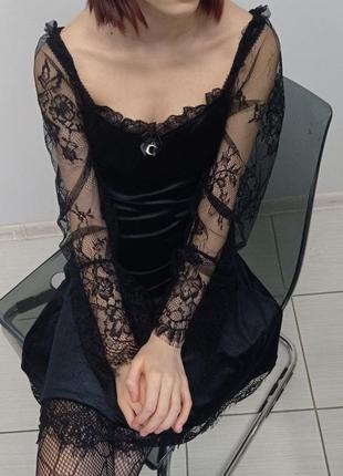 Готическое платье с кружевом бархатное с рукавами платье черное s с5 фото