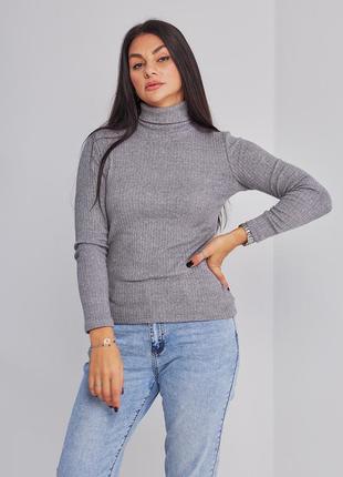 Гольф женский базовый ангора рубччик, воротник стойкой с отворотом, норма батал, темно - серый