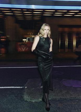 Бархатное черное блестящее платье миди zara new