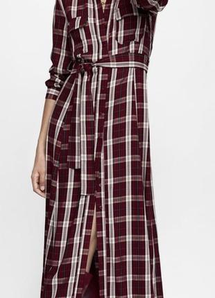 Длинное платье  рубашка макси в клетку цвета бургунди с вискозы zara turkey 🇹🇷