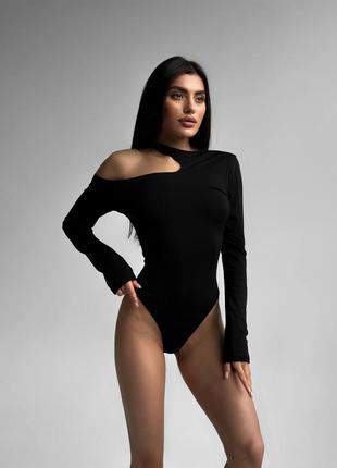 Боді жіночий базовий із відкритим плечем із вирізом довгі рукава мікродайвінг лонгслів кофта нарядний святковий