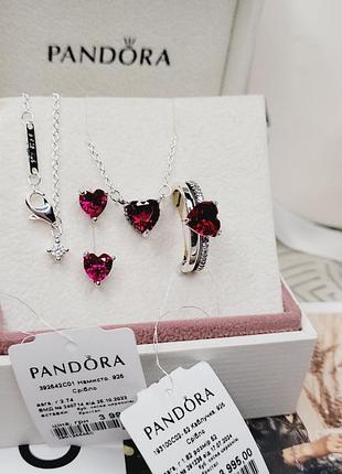 Набір пандора срібло червоне серце оригінальна бірка двойне каміння сережки каблучка намисто 925 проба ale упакування