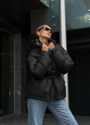 Дута зимова куртка до -20° з поясом та капюшоном, жіноча тепла куртка на зиму на...