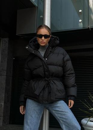 Дута зимова куртка до -20° з поясом та капюшоном, жіноча тепла куртка на зиму на...