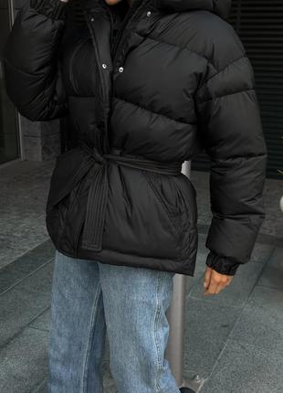 Дута зимова куртка до -20° з поясом та капюшоном, жіноча тепла куртка на зиму на...