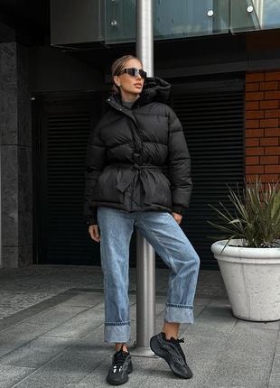 Дута зимова куртка до -20° з поясом та капюшоном, жіноча тепла куртка на зиму на...