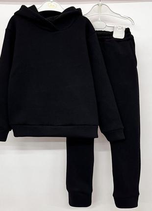 Костюм двойка детский  теплый, подростковый, спортивный, на флисе, худи с капюшоном, штаны,  черный