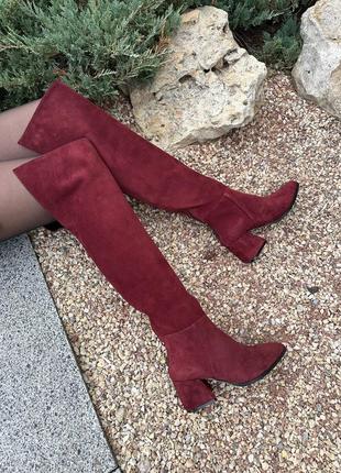 Чоботи ботфорти з натуральної італійської шкіри та замші жіночі на підборах шпильці