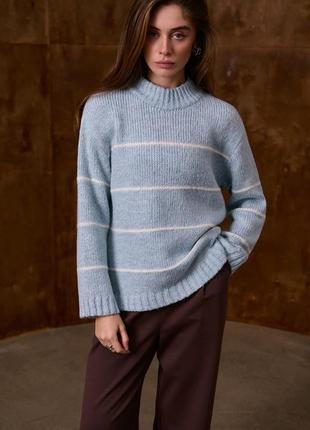 Свитер женский теплый классический с тонкой полоской, голубой цвет. модель 2809