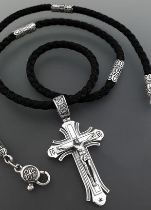 Шовк! срібна цепочка з хрестиком чоловічим. двосторонній срібний хрестик та шнур із вставками срібла. 4 мм