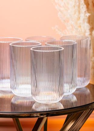 Склянка для напоїв висока фігурна прозора ребриста з товстого скла набір 6 шт