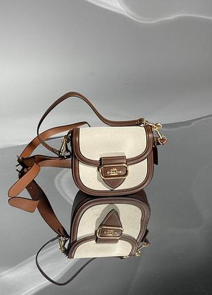 Женская сумочка coach из кожи и текстиля бежевая с коричневым 20 х 16 х 8 см