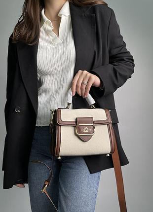 Жіноча якісна сумочка coach комбінована коричнева з бежевим 22 х 16 х 10 см