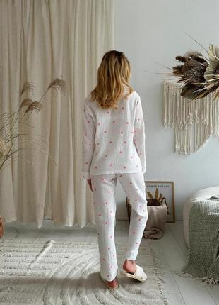 Красива жіноча піжама з мусліну зі штанами розмір s, жіночі піжами cosy візерунок рожеві серця білий5 фото