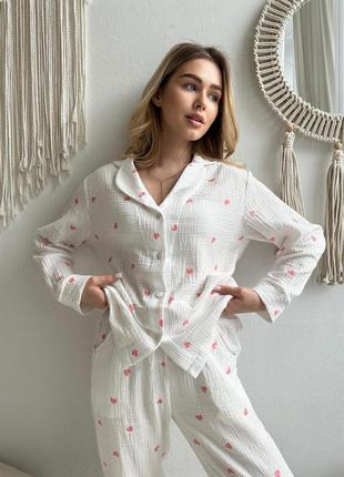 Красива жіноча піжама з мусліну зі штанами розмір s, жіночі піжами cosy візерунок рожеві серця білий4 фото
