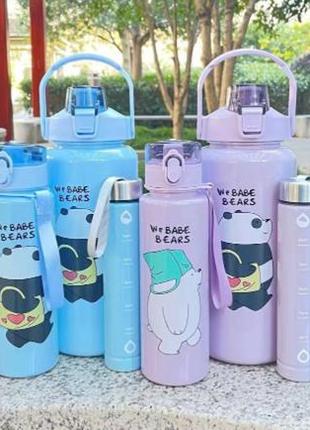 Бутылка для воды панда набор 3в1 с дозатором 0.3л 0.7л 2л фиолетовый