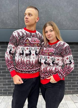 Светр новорічний різдвяний модель "домік" без горла червоний