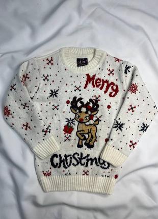Новогодний детский свитер с новогодним узором оленями, снежинками, merry christmas