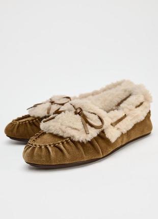 Туфли лоферы коричневые с мехом zara new
